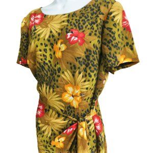 Vintage 90s Maxi Dress Tropical Animal Flattering Ruched Tie Hip Back Zip 16W 1X